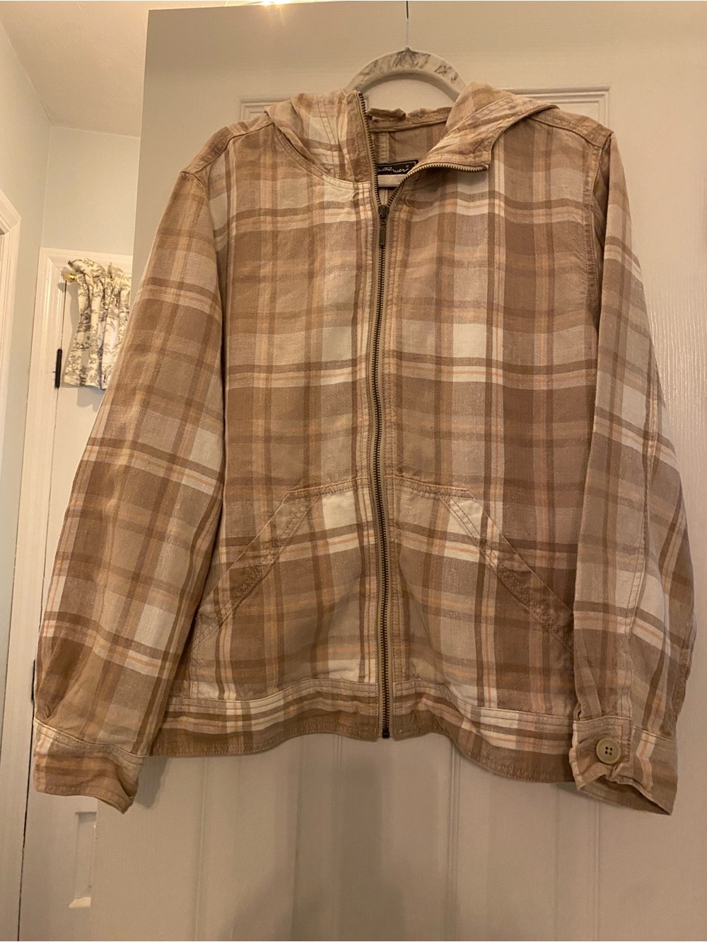 Eddie Bauer Women’s XL Plaid Linen Zip Up Jacket Hoodie Cottagecore Preppy